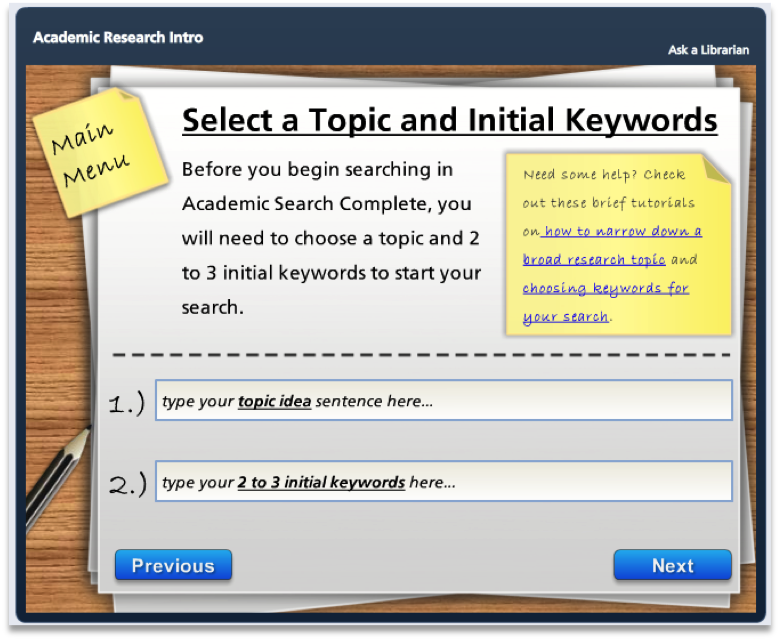 screen shot of introduction to academic research learning object